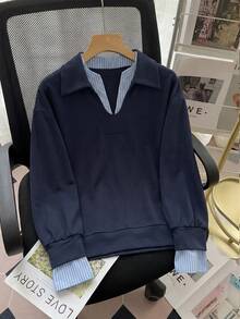 Qadelle Navy Blue 2 In 1 Waffle Knit Sweatshirt With Striped Patchwork, Collared V-Neck, Korean Slouchy Loose Long Sleeve Pullover - Multicolor - View 1