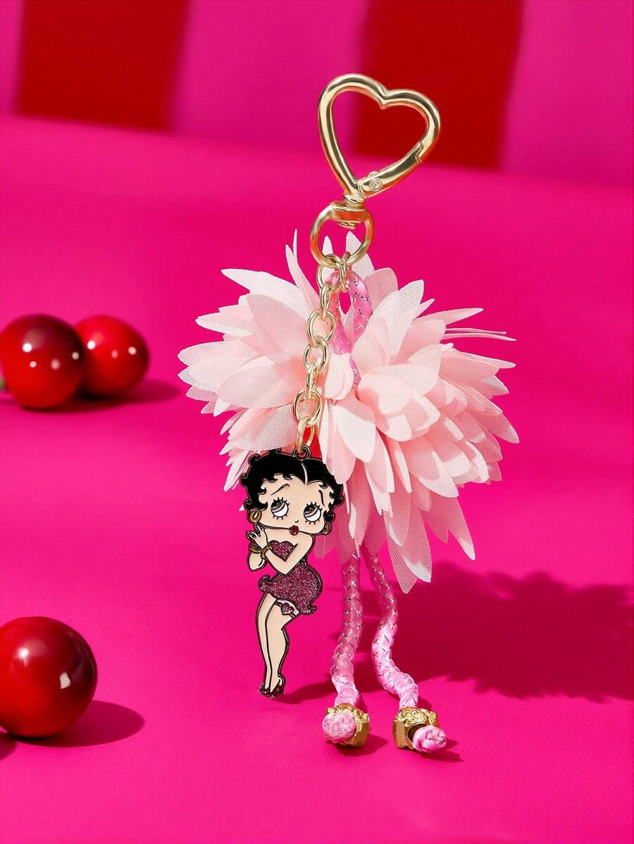 Betty Boop x SHEIN 粉色布藝花朵愛心扣吊飾、復古肖像吊飾、流蘇鑰匙圈 - 藕粉色 - 查看 1