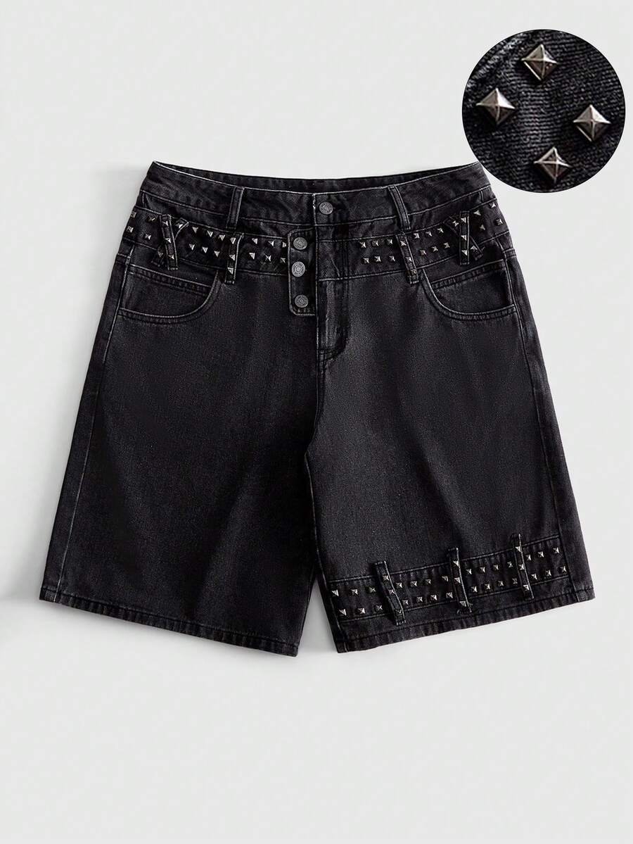 ROMWE MEN Men's Loose Fit Denim Shorts With Rivet Decoration - Black - View 1