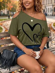 SHEIN Clasi Plus Size Heart Print Asymmetric Neckline T-Shirt Trail Ride Office Olive Green Summer Elegant Business Casual - Army Green - View 8