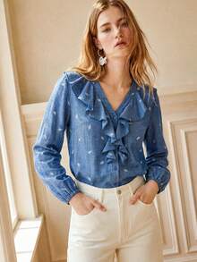 Écloséra Women's Spring/Autumn Commute & Date Printed Open Front Ruffle Trim Blouse - Blue - View 1