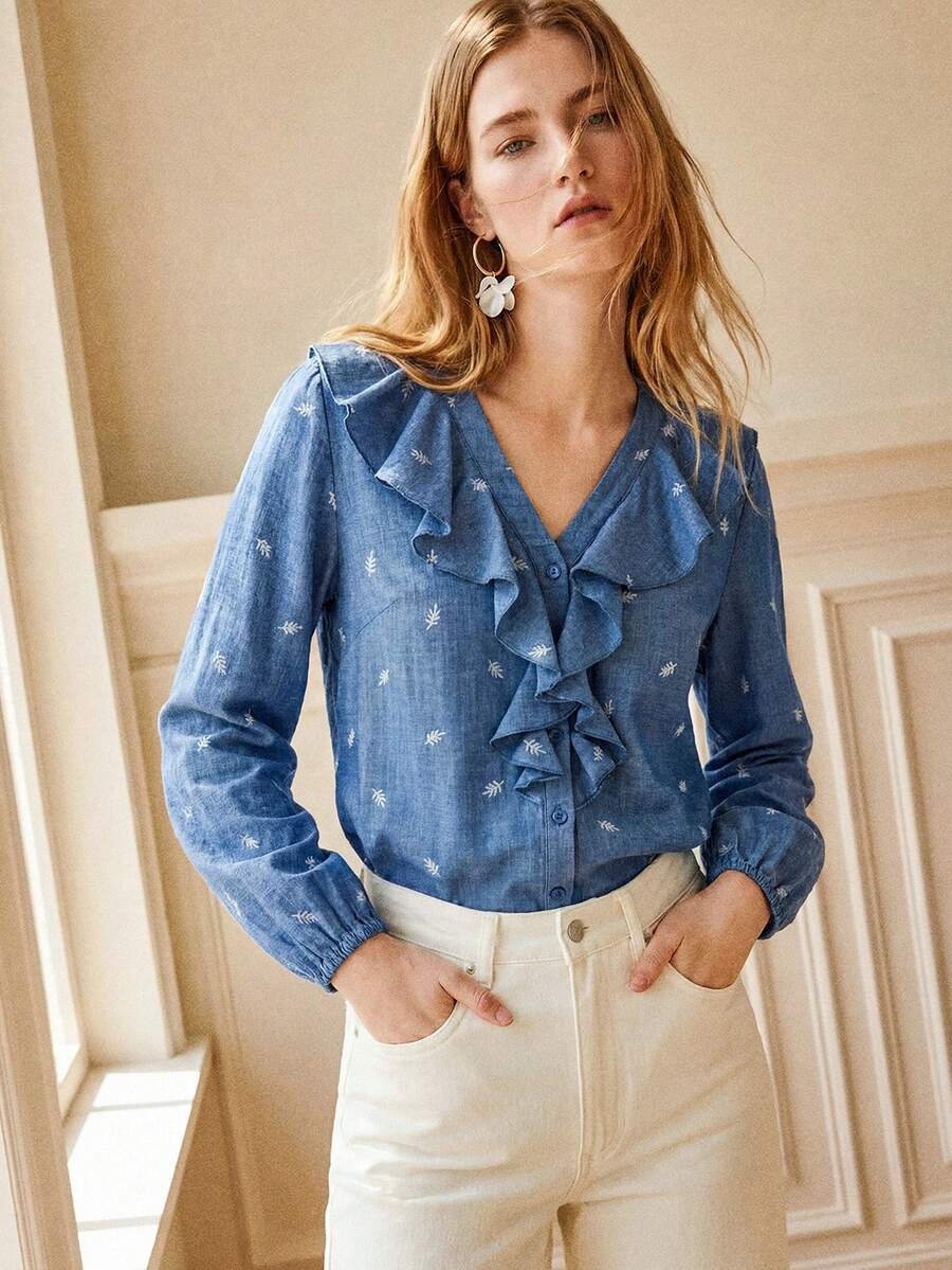 Écloséra Women's Spring/Autumn Commute & Date Printed Open Front Ruffle Trim Blouse - Blue - View 1