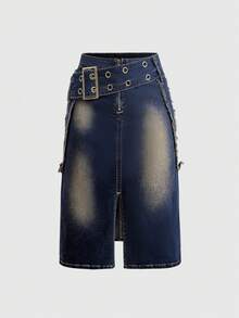ROMWE Grunge Punk Vintage Distressed Punk Metal Eyelet Low Waist Straight Leg Denim Skirt For Women - Blue - View 1