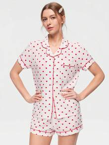 Bonmuse 2pcs Comfortable Heart Print Pajama Set, Short Sleeve Collared Top With Pocket And Bow Shorts, Women Sleepwear Homewear For All Seasons - White - View 4