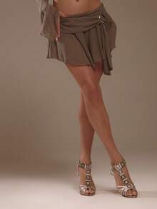 Musera Sport Grey Low Rise Draped Tie Front Ring Detail Ruffled Ruched Mini Skirt - Light Grey - View 3