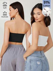 SHEIN BASICS 女款純色休閒百搭日常穿搭抹胸背心上衣 2件/組 - 彩色 - 查看 2