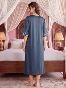 Jahmira Women's Elegant Loose Leaf Pattern V-Neck Nightgown, Moo Moo - Dusty Blue - View 2
