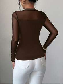 Elenzga Women's Autumn/Winter Elegant Solid Color Stretch Slim Fit Sheer Patchwork Long Sleeve Top - Brown - View 2