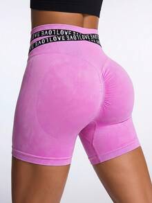 Powerista Contrast Color Letter Webbing Trim Fitted Sports Shorts Fitness Workout Yoga Running Gym Pink Fashion Summer Autumn Casual - Pink - View 2