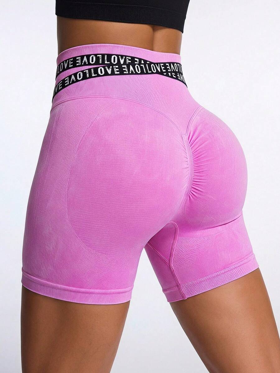 Powerista Contrast Color Letter Webbing Trim Fitted Sports Shorts Fitness Workout Yoga Running Gym Pink Fashion Summer Autumn  Casual
