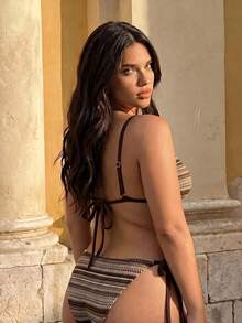 SHEIN Swim Curve 2026 Spring/Summer Fashion Elegant Sexy Plus Size Women's Beige Halter Bikini Set Beach - Coffee Brown - View 2