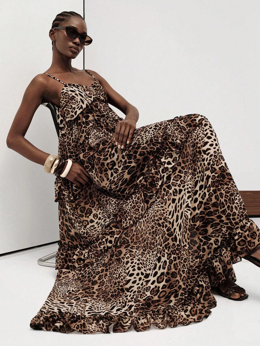 Aveloria Modichic European Style Brown Zebra Print Spaghetti Strap Dress Women Summer 2026 New Asymmetrical Ruffle Tiered For Vacation Night Out Sexy - Multicolor - View 1