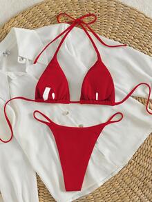 Bonvoyette 2026 Spring/Summer Women's Vacation Special Fabric Spaghetti Strap Halter Neck Red Sexy Thong Bikini Two Pieces Swimwear - Red - View 7