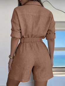Balvessa Women's Solid Color Pocket Casual Versatile Daily Travel Blazer Shorts - Brown - View 2