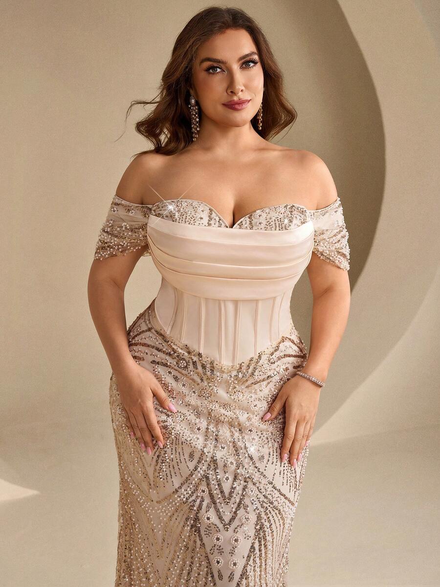 Coutiva Plus-Size Elegant Beaded Sequined Satin Dress With Off-Shoulder, Backless, One-Shoulder Hem, Mermaid Style. Suitable For Formal Evening Events, Weddings, Graduations, And Parties. - Apricot - View 1