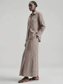 Ontre 2026 Women's 2-Piece Set Brown Stripe Autumn Effortless Chic Casual Elegant Holiday Vacation Long Sleeve Shirt Asymmetric Wrap Skirt Loose Fit Button - Coffee Brown - View 6