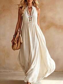 LUMIGAL Women's V-Neck Floral Embroidered Pleated Casual Everyday Dress - Apricot - View 1
