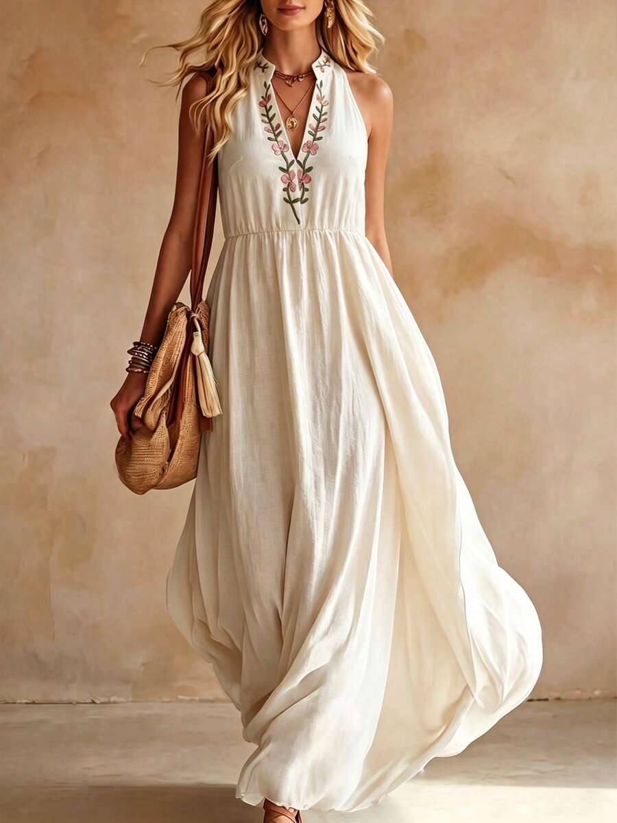 LUMIGAL Women's V-Neck Floral Embroidered Pleated Casual Everyday Dress - Apricot - View 1