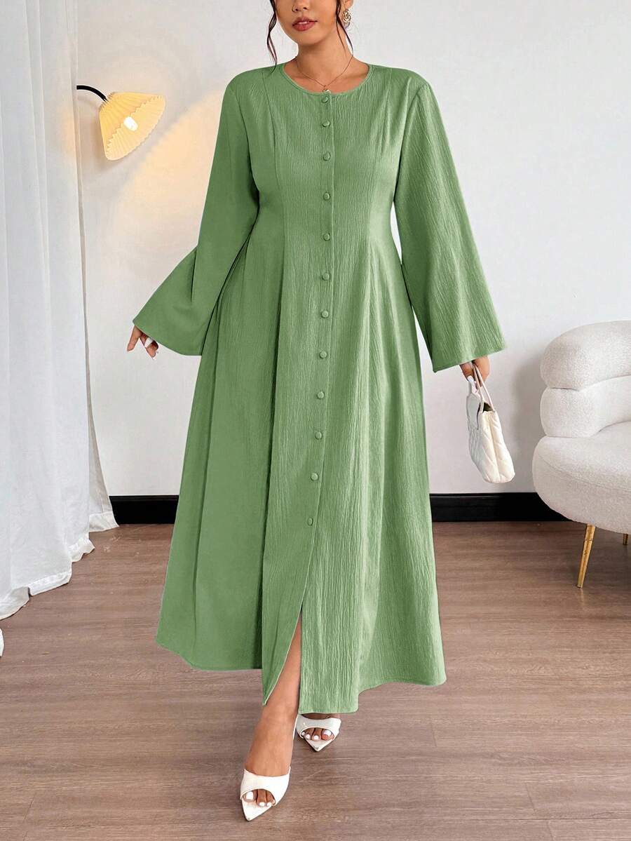 Firerie Vestido para mujer de talla grande, primavera/otoño, nuevo, minimalista, elegante, casual para ir a la oficina, viajes y vacaciones, con manga larga, botones delanteros, bajo acampanado pequeño, cintura ceñida, corte A, estilo vintage, romántico, bohemio y profesional