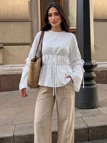 Duskaine Women's Pleated Round Neck Long Sleeve Blouse Office Brunch White Autumn Casual Elegant - White - View 7