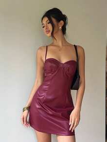Aloruh Women's Spaghetti Strap Sweetheart Neckline Fitted Burgundy PU Mini Dress - Burgundy - View 6