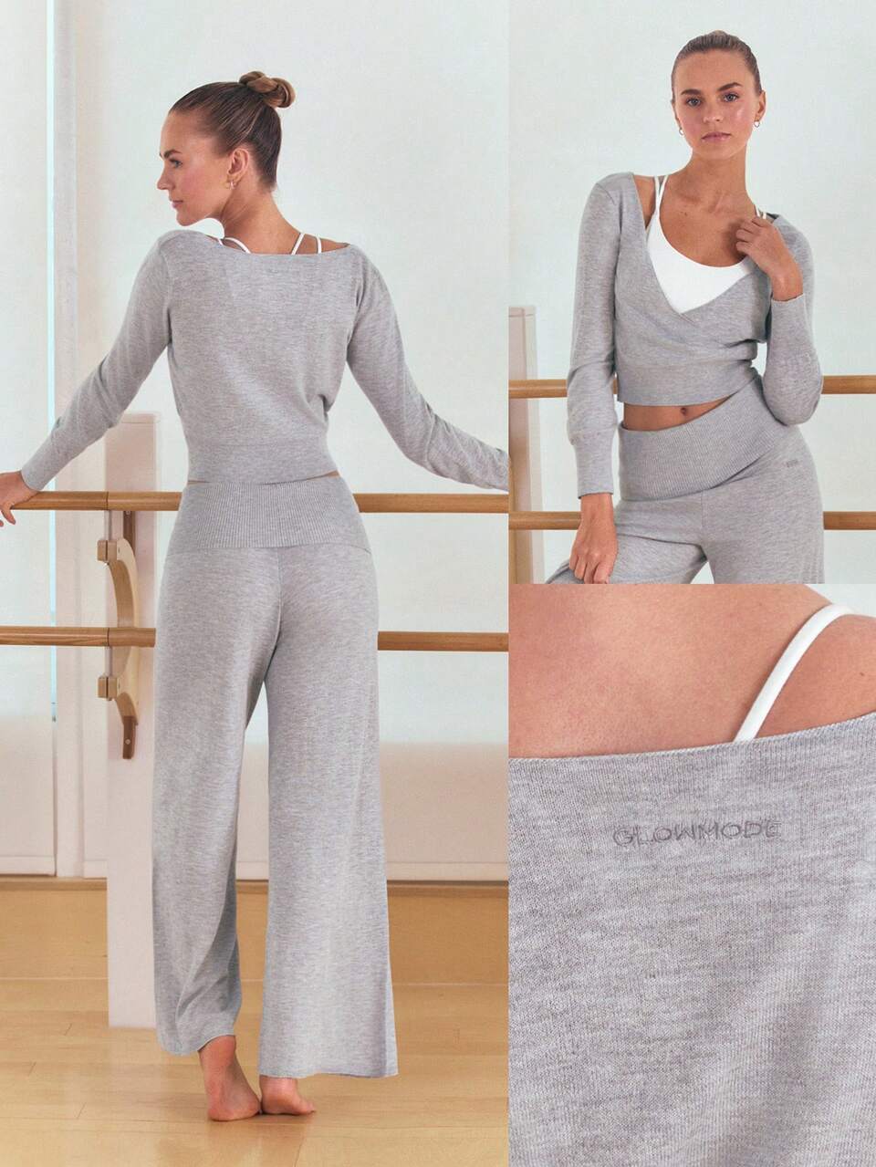 Suéter de punto de mezcla con brillo elegante, escote en V profundo cruzado, manga larga, dobladillo y puños acanalados, estilo barre ballet, casual diario