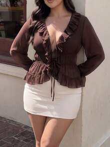 Vionelle Plus Size Women's Summer Autumn New Versatile Ruffle Tie Chiffon Long Sleeve Blouse, Semi-Sheer Ruched Waist Top, Suitable For Elegant Outfits, Versatile, Streetwear, Commuting, Dating - Brown - View 5