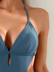 Swim Basics Sexy Tropical Solid Color One-Piece Swimsuit, Popular For Beach Vacation In Spring/Summer Aqua Blue - Dusty Blue - View 5