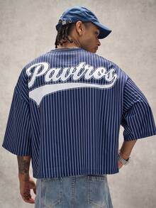 PAVTROS Men's Striped Letter Print Drop Shoulder Loose Fit T-Shirt - Multicolor - View 4