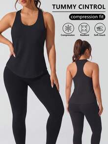 Easithlete Plus Size Women Solid Color Racerback Sports Tank Top - Black - View 1