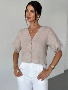 Firerie Minimalist French Elegant Fashionable Office High Tea Cafe Commute Deep V-Neck Lace Patchwork Short Sleeve Slim Fit Buttoned Beige Autumn - Khaki - View 9