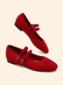 CUCCOO BASICS Women's Shoes Fashion Versatile Square Toe Double Strip Red Flat Shoes Knitted Mary Jane Shoes Fall Shoes - Red - View 8
