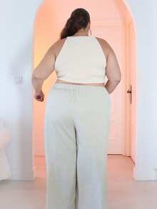 Pretty and Ole Plus Size Summer Fringed Hem Textured Spaghetti Strap Crop Top Knitted Tops For Women Casual - Apricot - View 2