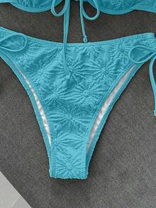 Swim Mod 女款休閒度假海灘派對優雅細肩帶特殊面料純黃色比基尼兩件式泳衣夏季新款 - 霧霾藍 - 查看 5
