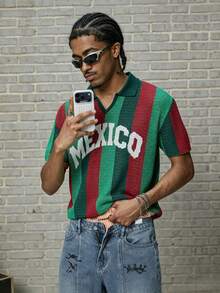 GALLERY FADE Camiseta de punto de manga corta con estampado de letras y rayas de color contrastante para hombre - Verde Oscuro - Ver 3