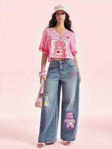 SHEIN X Care Bears 女款休閒日常牛仔褲，附口袋、鈕扣與卡通圖案 - 藍色 - 查看 7