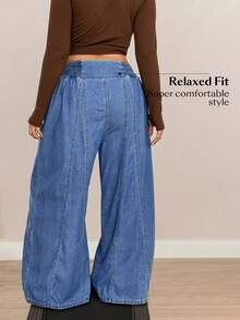 Flexra Chic Light Blue Elastic Waist Wide Leg Loose Fit Daily Wear Plus Size Jeans For Women - Medium Wash - View 2