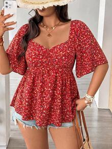 Vionelle Plus Size Ditsy Floral Print Casual Versatile Elegant Blouse For Spring And Summer - Red - View 1