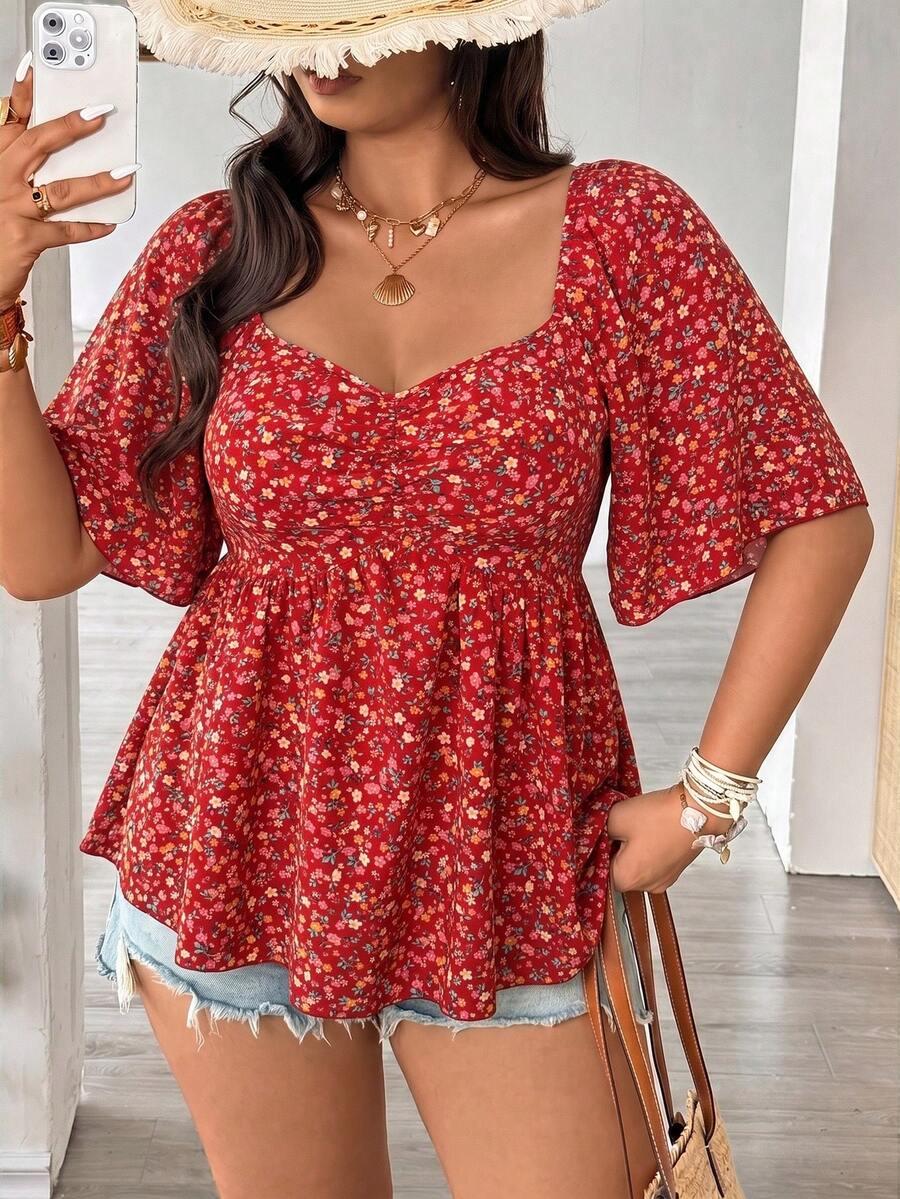 Vionelle Plus Size Ditsy Floral Print Casual Versatile Elegant Blouse For Spring And Summer - Red - View 1