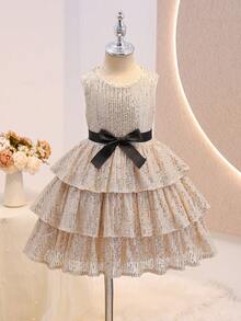 Glamorique Kids Vestido de fiesta con lentejuelas color champán para niña joven, vestido de noche brillante, atuendo para fiesta de cumpleaños, otoño - Champán - Ver 3