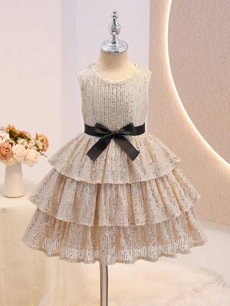 Glamorique Kids 香檳色亮片派對洋裝，適合年輕女孩的閃亮晚禮服，生日派對穿搭，秋季款 - 香檳色 - 查看 3