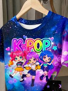 兒童小女孩卡通女團印花 K-Pop 超級巨星 紮染短袖上衣與短褲兩件套，適合夏季，圖案設計，可愛舒適 - 彩色 - 查看 5
