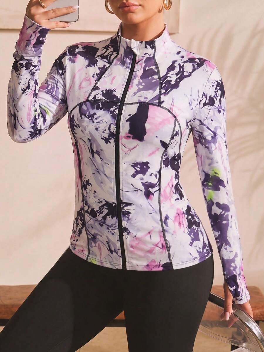 Rhythm Era Plus Size Full Print Stand Collar Zip-Up Long Sleeve Jacket Fall - Multicolor - View 1
