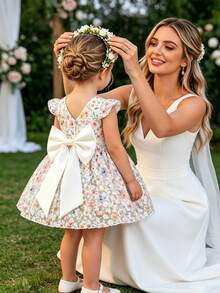 SHEIN Glamorique Kids 女嬰無袖公主洋裝，蕾絲刺繡與彩色印花，背部可拆卸大蝴蝶結，適合週歲派對、生日派對、婚禮花童、家庭聚會、儀式感場合、日常出遊、拍照、度假、畢業舞會 - 彩色 - 查看 2