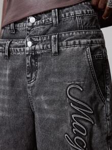 ROMWE MEN Street Life Men's Denim Shorts, Vintage Washed Black Gray Embossed Letter Design, Double Waistband Raw Hem Loose Wide Leg Denim Bermuda Pants, Loose Straight Leg Hip-Hop Street Style Distressed Denim Mid-Length Shorts - Grey - View 2