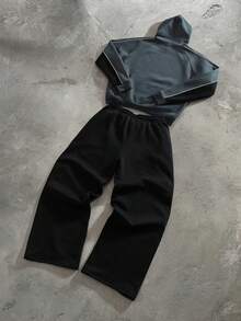 PAVTROS Men's Colorblock Patchwork Hoodie & Sweatpants Set - Dark Grey - View 2
