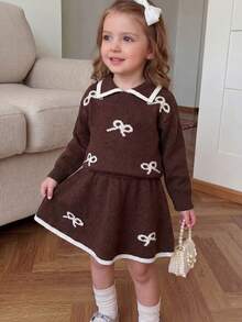 SHEIN Playful Pals 女童純色蝴蝶結圓領落肩長袖套頭毛衣＋配套裙子套裝，柔軟舒適，適合日常穿著、外出、旅行、度假、居家、托兒所及兒童遊戲 - 棕色 - 查看 8