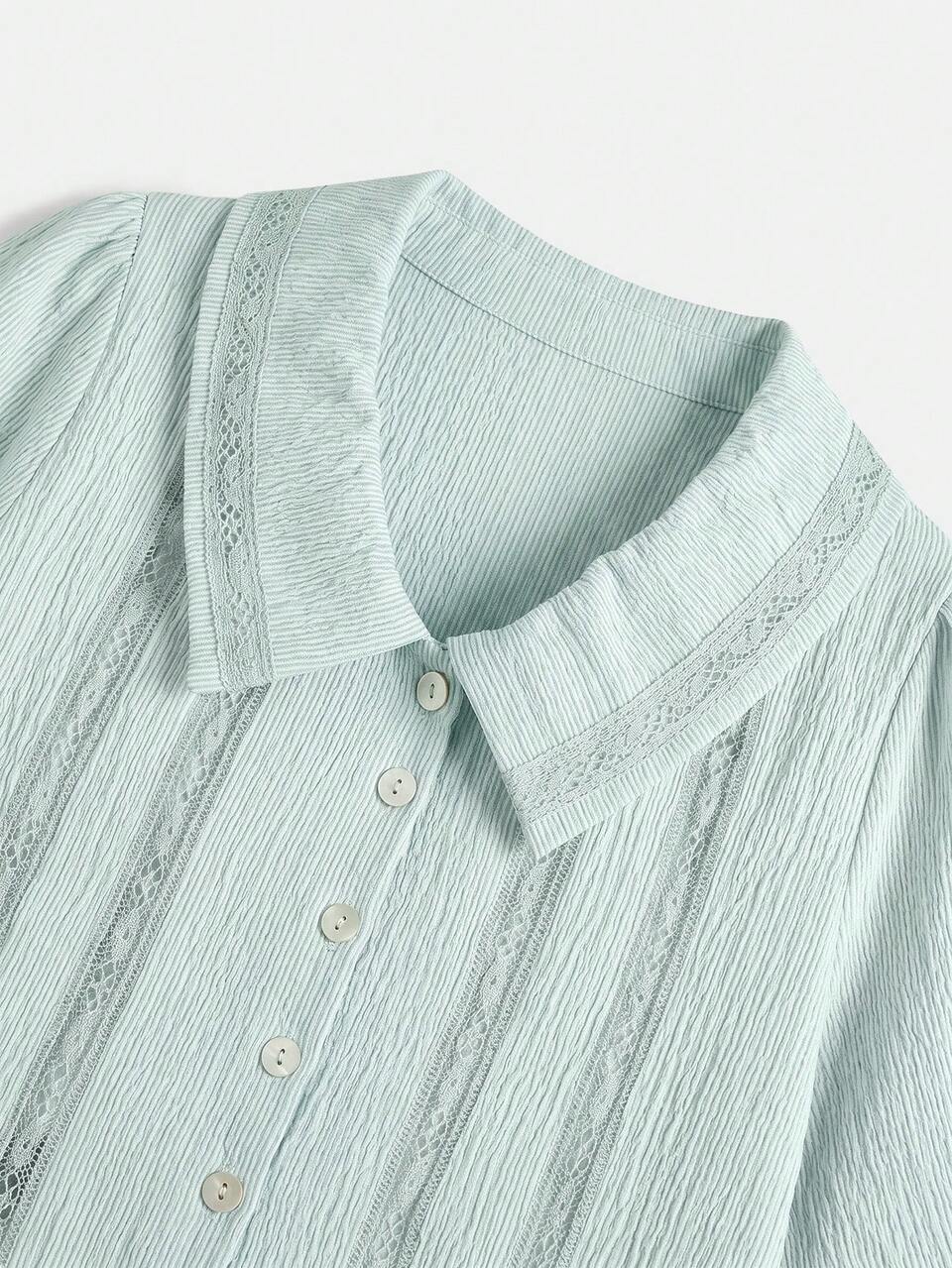 Crinkle Dusty Blue Button-Front Short Sleeve Blouse With Sailor Collar Summer Holiday Elegant French Cute Brunch Tea Party