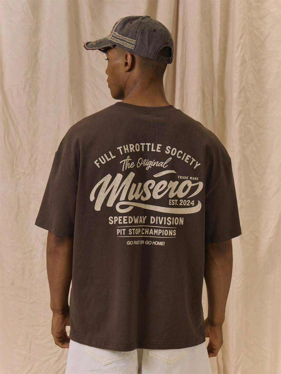 Musero 寬鬆版型背後印花「FULL THROTTLE SOCIETY」圓領T恤 春夏必備款 - 棕色 - 查看 1