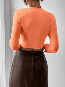 SHEIN Raffinéa Suéter de manga larga con cuello redondo de unicolor cómodo para el uso diario Y2K - Naranja Coral - Ver 2